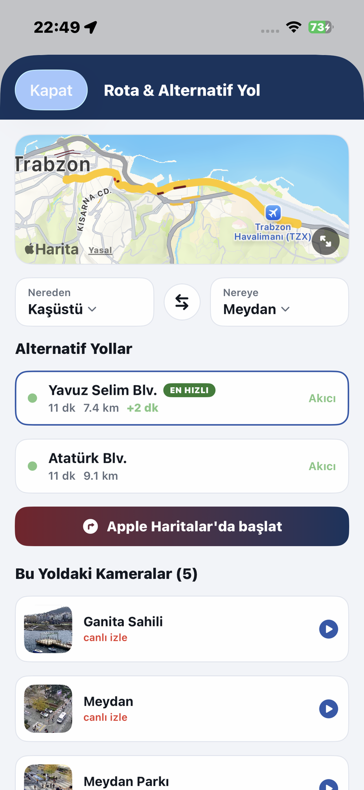 Rota ve alternatif yol ekranı
